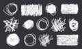Set of white circles, squares, rectangles shapes in crayon texture on a black background. Grunge pencil scribbles in various sizes Royalty Free Stock Photo