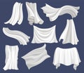 Flat vector set of white cloth. Silk bed sheet. Curtains flying on the wind. Elements for poster or banner of textile