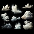 Set of white clouds isolated on black