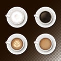 Set of white coffee cups with saucer. Top view of different coffee drinks. Realistic vector design. Delicious latte art heart Royalty Free Stock Photo