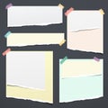 Set of white and colorful ripped notebook paper, torn note paper strips stuck with sticky tape on black background