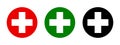 Set white cross on red, green, black button. Medicine health hospital collection of signs symbol. Medical symbols isolated