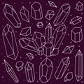 Set of white crystals, white outline hand drawing of stones, magic element, vector illustration