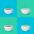 Set of white cups with espresso, coffee with milk, black and green tea.