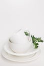 Set dishes plates cup decorated branch eucalyptus Royalty Free Stock Photo