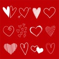 Set of 12 white doodle heart vectors isolated on a red background Royalty Free Stock Photo