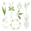 Set of white flowers, decorative bouquets, garlands and vessels, isolated on white background