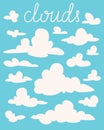 Set of white fluffy cartoon clouds on blue background. Vector illustration in flat style. Elements for your design Royalty Free Stock Photo