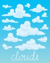 Set of white fluffy clouds on blue sky background. Vector. Royalty Free Stock Photo