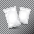 Set of white foil bag packaging for food, snack, coffee, cocoa, sweets, crackers, nuts, chips. Vector plastic pack Royalty Free Stock Photo