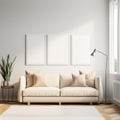 Set of 3 white frame mockups, 3 mockups for wall art standing on the living room wall, 3d rendering Royalty Free Stock Photo