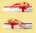 Set of white gift boxes isolated on a pastel yellow background with a clipping path Royalty Free Stock Photo