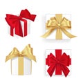 Set of white gift boxes red and golden ribbon. Lots of presents. Flat decoration collection. Realistic vector Royalty Free Stock Photo