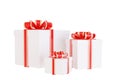 Set of white gift boxes and red ribbon isolated on white background with clipping path, for christmas valentine aniversal concept Royalty Free Stock Photo