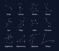 Set of 12 white glowing zodiac constellations with titles isolated on dark background.