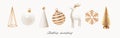 Set of white and gold realistic Christmas decorations. 3d render vector illustration. Design elements. Royalty Free Stock Photo