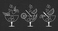 Set of white grunge drawings of refreshing cocktails with ice cubes, straws and umbrellas on a dark background Royalty Free Stock Photo