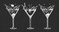 Set of white grunge drawings of refreshing cocktails with ice cubes, straws and umbrellas on a dark background Royalty Free Stock Photo