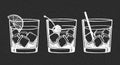 Set of white grunge drawings of refreshing cocktails with ice cubes, straws and umbrellas on a dark background Royalty Free Stock Photo
