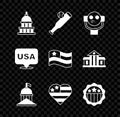 Set White House, Baseball bat with ball, Tourist binoculars, USA Independence day, and American flag icon. Vector Royalty Free Stock Photo