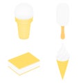 Set of white ice cream. Ice cream in a cup. Ice lolly. Ice cream between two wafers. Ice cream in a conical cup.