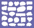 Set of white isolated speech bubbles of different shapes on purple background