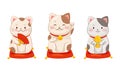 Set of white Japanese lucky cat maneki neko. Traditional Japan culture sculpture vector illustration Royalty Free Stock Photo