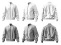 2 Set of white and light grey gray, unisex bomber jacket with full zip zipper, front back side view on transparent cutout, PNG Royalty Free Stock Photo