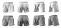 2 Set of white and light grey gray, unisex sports shorts boxer bottom, front, back and side view on transparent cutout, PNG Royalty Free Stock Photo