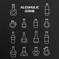 Set of white linear vector icons of alcoholic bottles