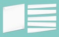 Set of white notebook paper strips with curled corners for text or advertising message on turquoise background