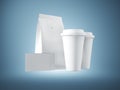 Set of white paper package, coffee cups and two blank business cards. Blue background. 3d render Royalty Free Stock Photo