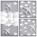 set of white paper planes with clouds on transparency chequered Royalty Free Stock Photo