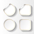 Set of white paper stickers on transparent background. Circle and square labels, buttons.