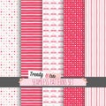 Set of white and pink dotted, stripes and chevron seamless patterns Royalty Free Stock Photo