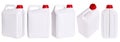 Set of white plastic canisters isolated in different positions Royalty Free Stock Photo