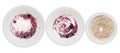 A set of white plates with porridge and blueberry jam leftovers on white background. Messthetics aesthetic concept. A pho