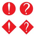 Set of white question and exclamation marks in red circle and square. Vector icon. Flat design style Royalty Free Stock Photo