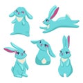 Set of white rabbits in different pose and expression. Happy Easter day, cartoon character design. Vector illustration Royalty Free Stock Photo