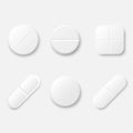 Set of white realistic medical pills. Round and oval tablets, painkillers, antibiotics, vitamins and aspirin. Medicine and drugs. Royalty Free Stock Photo