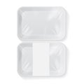 Set of White Rectangle Blank Styrofoam Plastic Food Tray Container. Vector Mock Up Template