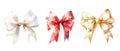 Set of white, red and gold bows watercolor isolated on transparent background Royalty Free Stock Photo