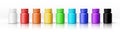 A set of white, red, orange, yellow, green, cyan, blue, violet and black plastic bottles for any paint products and