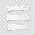 Set of white ripped pieces of paper on transparent background. scrap paper with rough edge. vector illustration