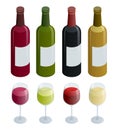 Set of white, rose, and red wine bottles and glass. Isometric vector illustration isolated on white background Royalty Free Stock Photo