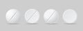 Set of white round medicine pills of different kinds, isolated v