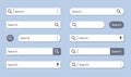 Set of white search bar isolated on blue background with shadows. Searching internet browse. Menu for site, app, interface with