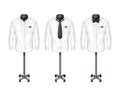 set of white shirts with tie, bow-tie on stand, hanger, front view. Atelier, boutique, realistic fashion clothes