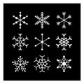 Set of white snow ice icons. Collection of snowflakes shape different styles on black background. Symbols of winter, cold, season.