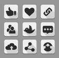 Set of white social network icons buttons with twitter bird cloud like hand chain links people chat global network heart